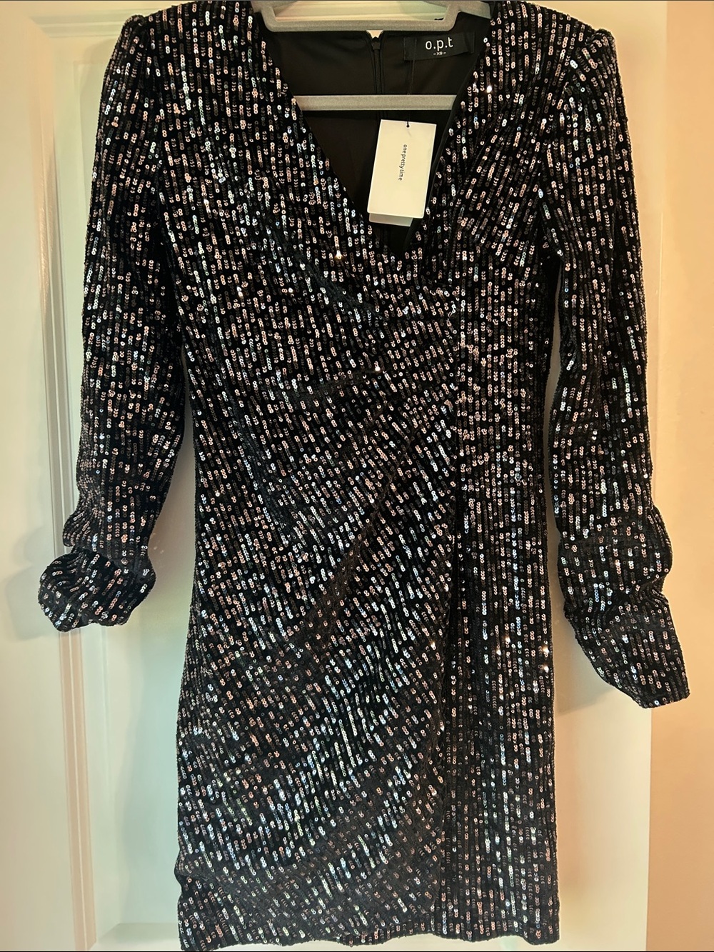 Black Sequin Wrap-Style Long Sleeve Dress - cocktail party, formal party